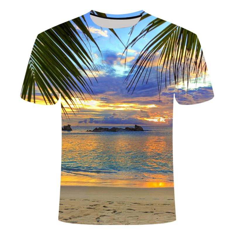 New Summer Essential Men's And Children's Shirt Palm Beach Seaview 3d Print T-shirt Casual Fashion Seaside Style Thin Top