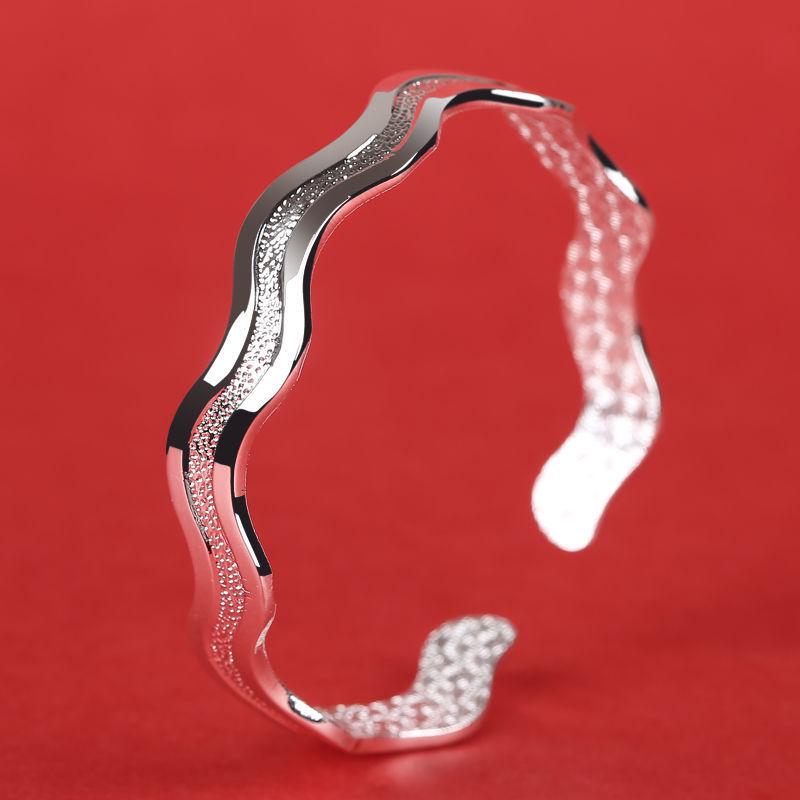 White Copper-Plated Sandblasted Wave Quicksand Water Ripple Silver Bangle for Women