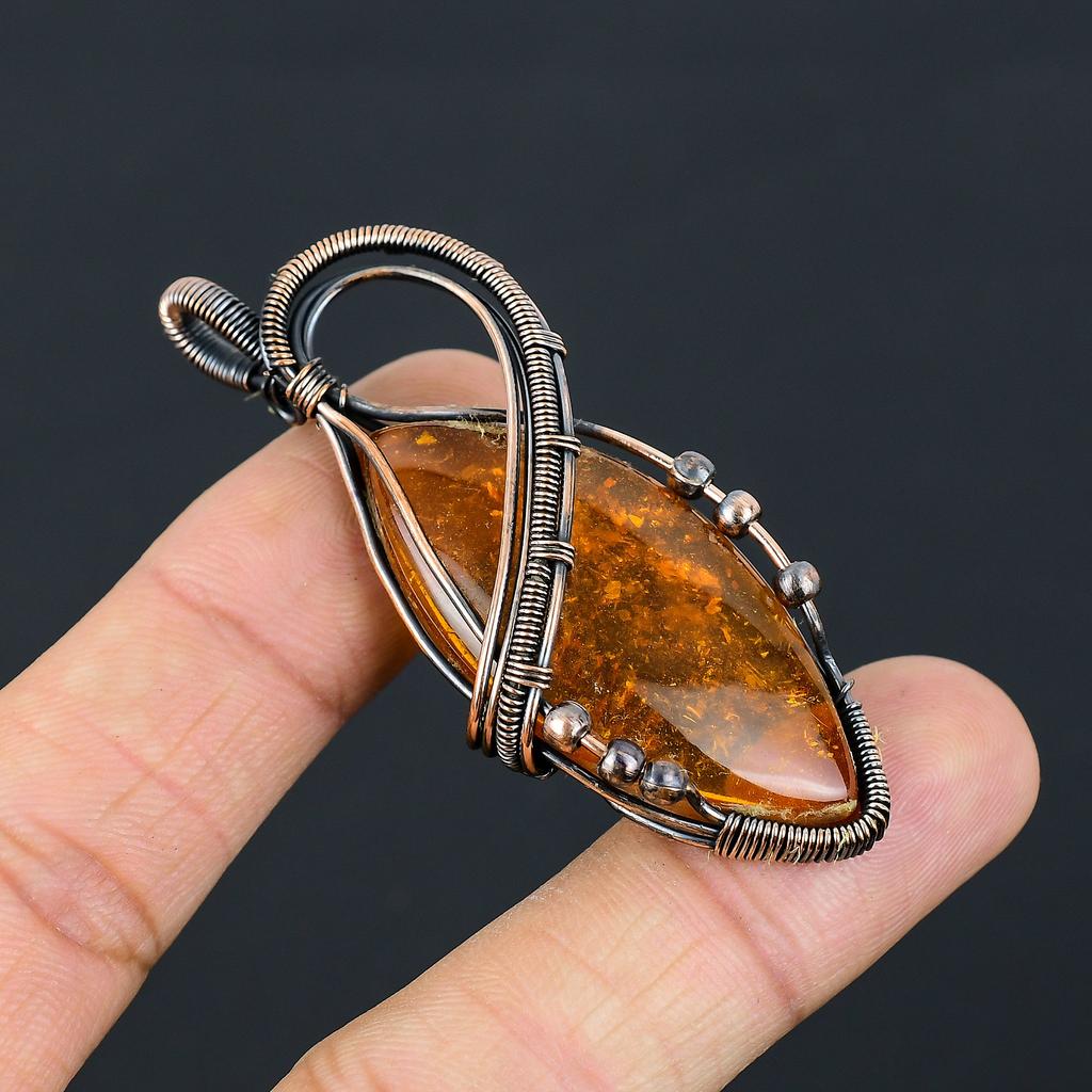 Natural Baltic Amber Gemstone Handmade Copper Wire Wrap Pendant 2.76" O3E20