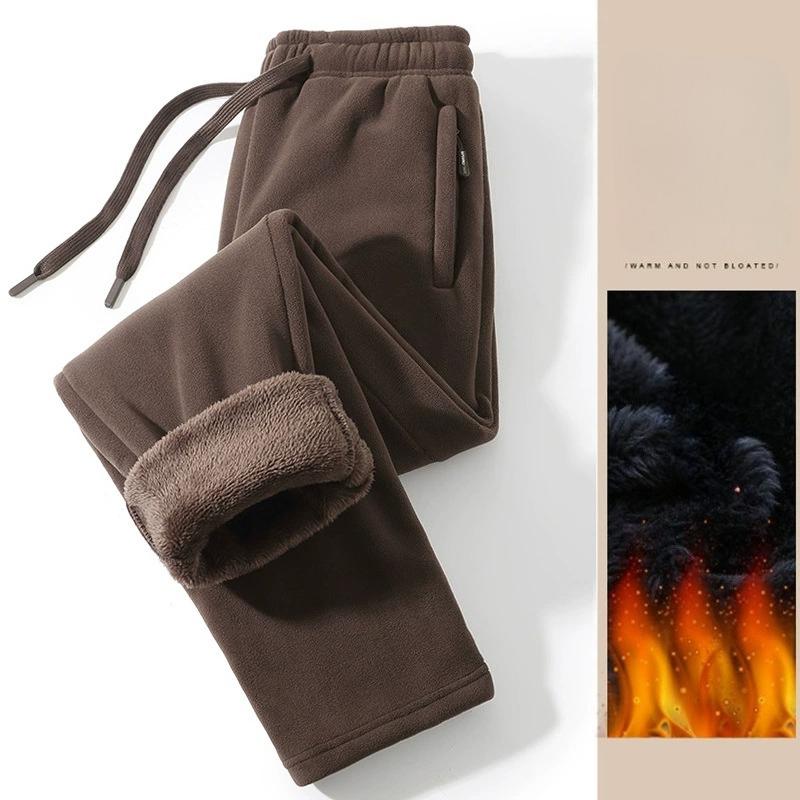 Men's Winter Pants Thickened Solid Zip Pocket Double-sided Polar Fleece Knit Sweatpants Windproof Pants