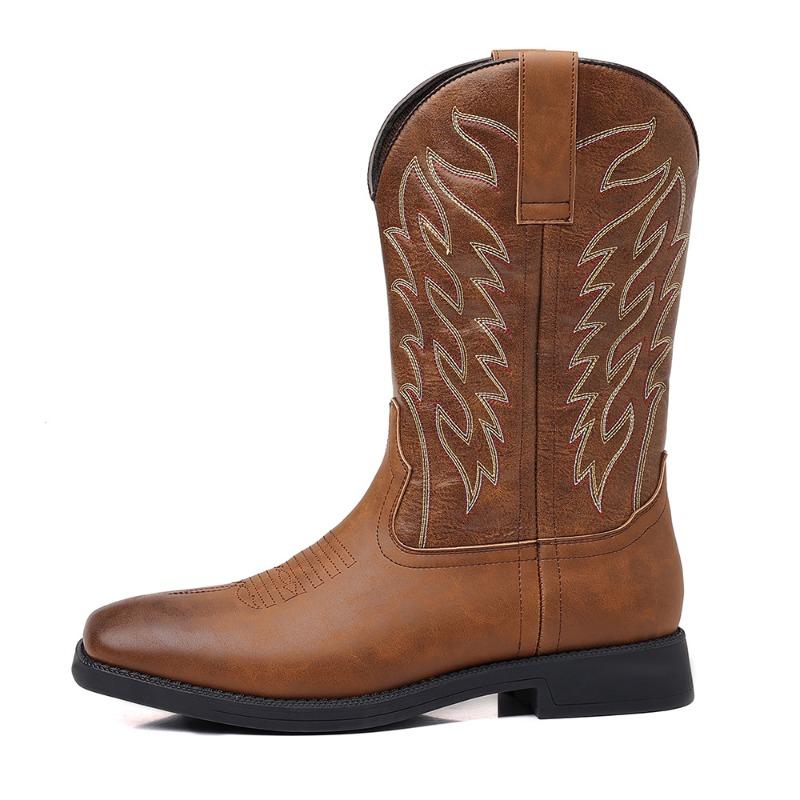 Fashion Retro Handmade Embroidery Men's Boots Classic High Top Leather Boots Mid-calf Western Cowboy Botas Outdoor Knight Boots for Men