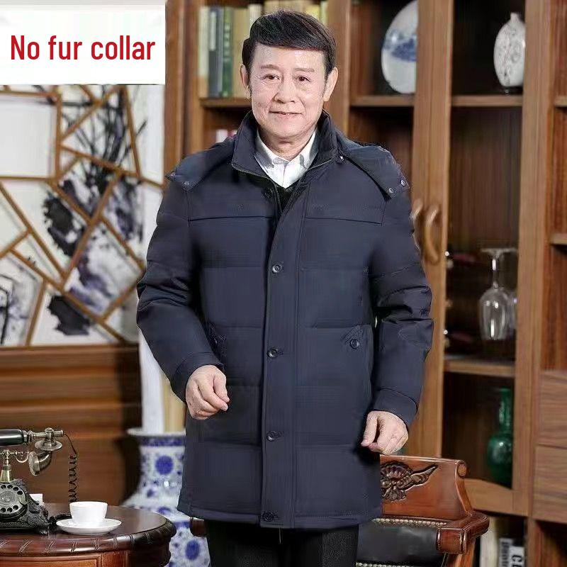 Pánská zimní péřová bunda střední délky s huňatou kapucí a kožíškem – Teplá, volný střih, velká velikost