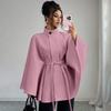Women Elegant Stand Collar Belted Cape Style Polyester Coat