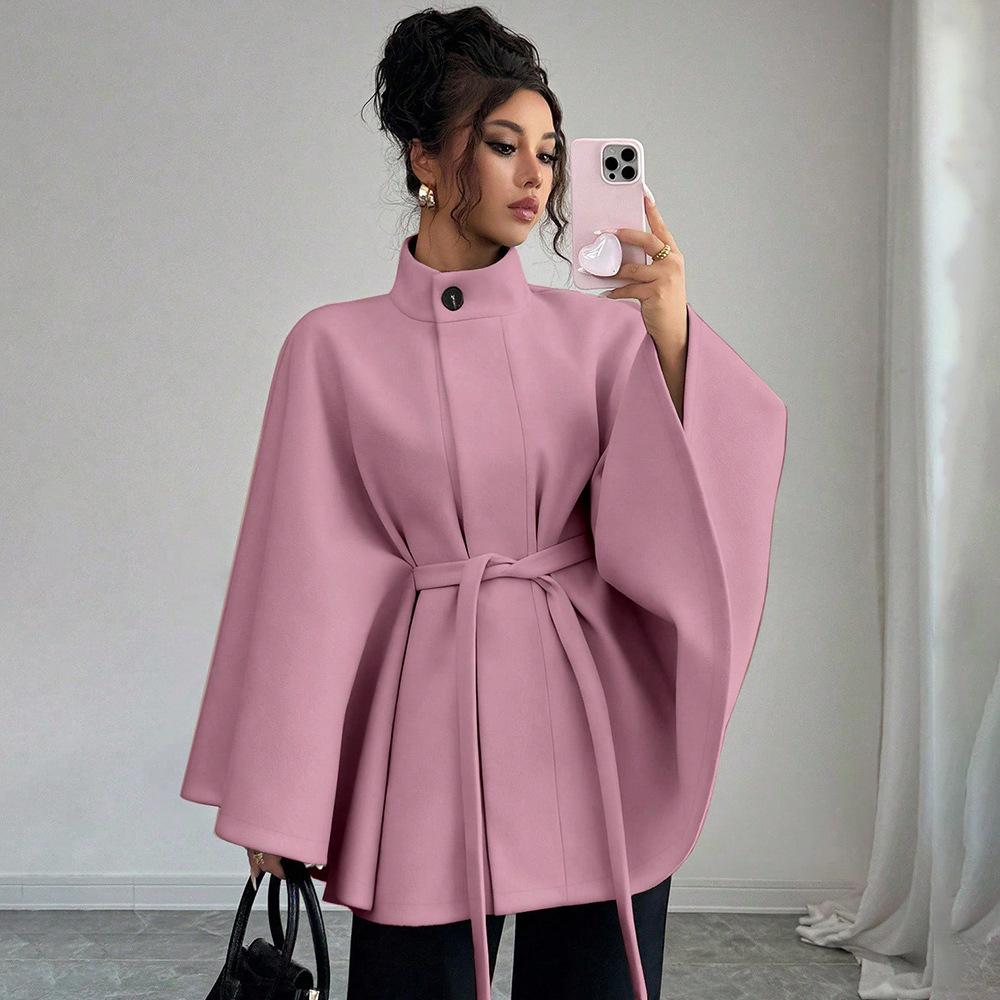 Women Elegant Stand Collar Belted Cape Style Polyester Coat