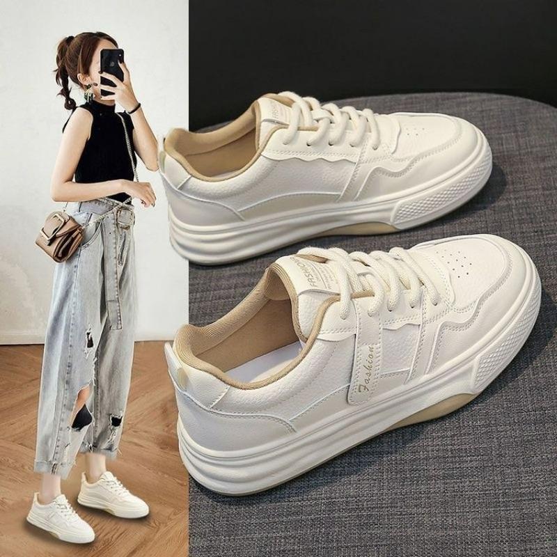 Summer New Women's Leather Sneakers Casual Sneakers Lace Up Flats Lightweight Comfortable Black Anti-slip Jogging Shoes Outdoor