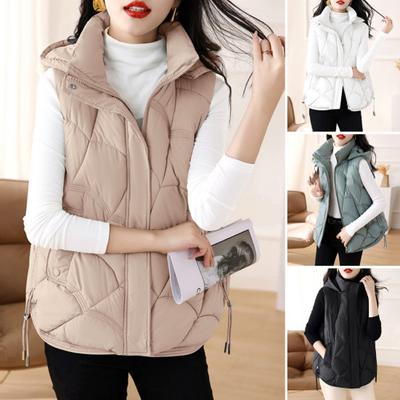 Women Cotton Vest Stand Collar Hooded Sleeveless Waistcoat Loose Fit Solid Color Zipper