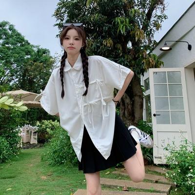White Bow Chic Short Sleeved Women's Shirts Summer College Style Sweet Tops Solid Color Lapel Female's Loose Blouses