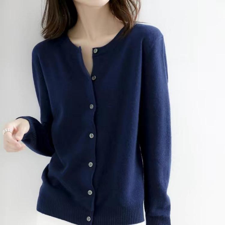 

Spring Autumn Knitted Cashmere Cardigan Women Solid Color Single Breasted O Neck Sweater M темно-синий