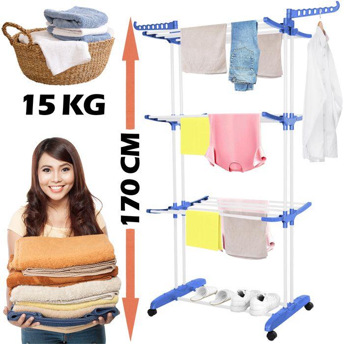 Séchoir à linge sur roulettes - SPRINGOS - 4 niveaux - Ailes pliables - Capacité 15 kg - Compact