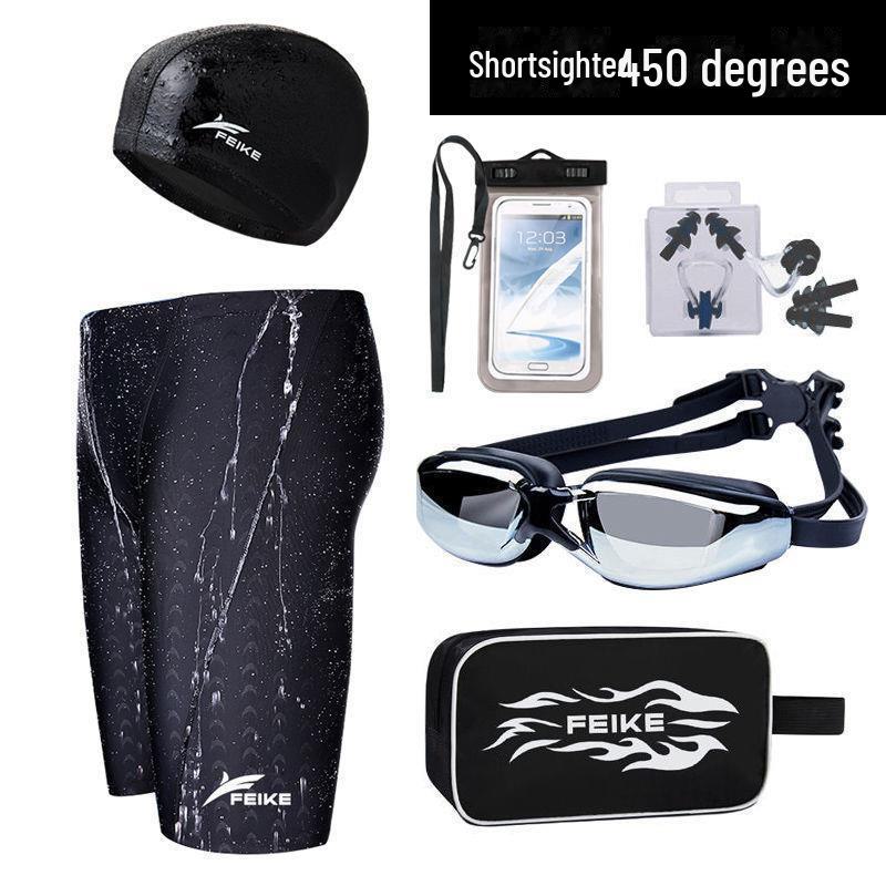 Men’s Quick-Drying Waterproof Swim Trunks with Shark Skin Cap & Goggles Set