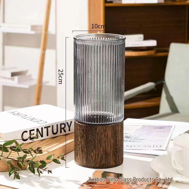 Nordic Light Luxury Crystal White Glass Vase with Wooden Holder for Fresh Flowers - Living Room Decor