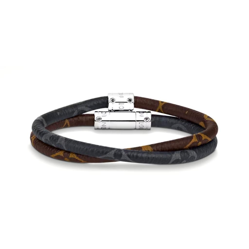 Louis Vuitton Doppelring Dekoratives Lederarmband Unisex Armband Grau Braun M8154D
