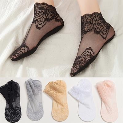 Chaussettes invisibles d'été pour femmes, motif géométrique, dentelle, bordure florale, tricotées, respirantes, chaussettes de cheville en dentelle