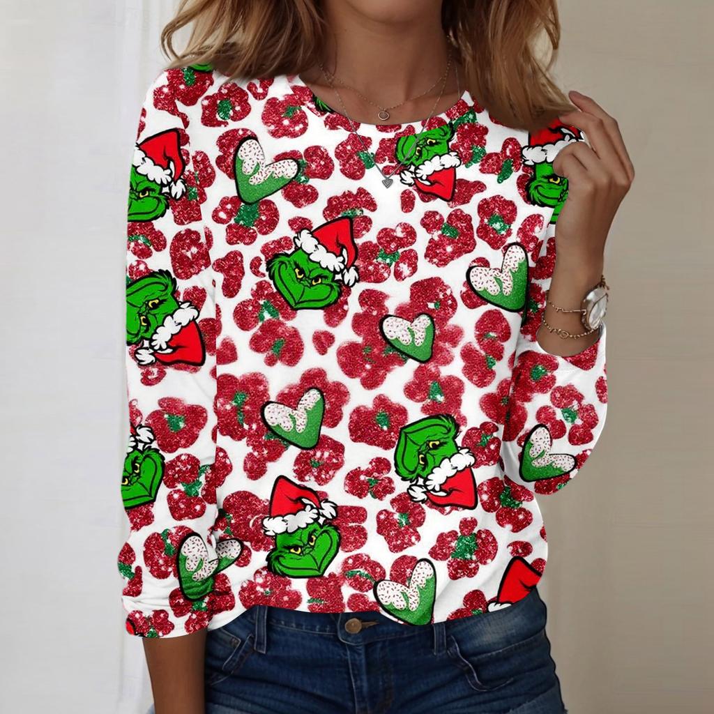 Women's Fashion Casual LongSleeve Print Round Neck Pullover Top Blouse