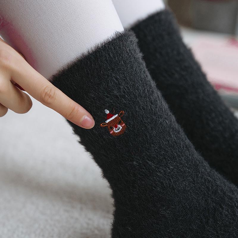 2024 Women's Christmas Stockings: Mink Velvet, Mid-Calf, Red Embroidered, Warm Autumn/Winter Socks.