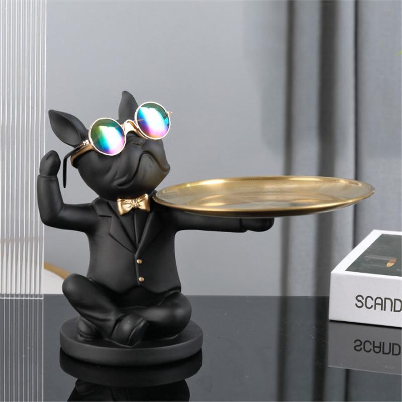 Nordic French Bulldog Butler Resin Dog Sculpture with Glasses Modern Home Decor for Tabletop Living Room Animal Crafts Ornament