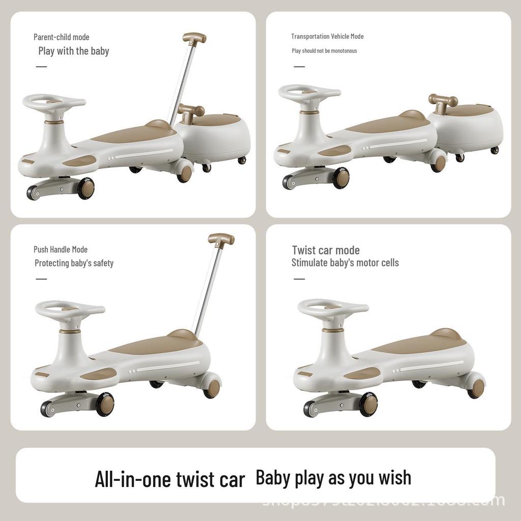 Children's Twist Car with Parent-Child Co-Riding, Suitable for Ages 1-8, Silent Wheels, Push Rod & Handle, Adult-Friendly Wiggle Car.