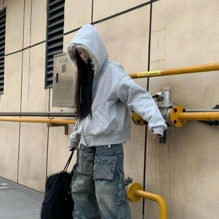 VAYLA Harajuku Casual Fur Patchwork Hooded Hoodies Women Y2k Aesthetic Loose Pocket Streetwear Coats Grunge Autumn Sweatshirts