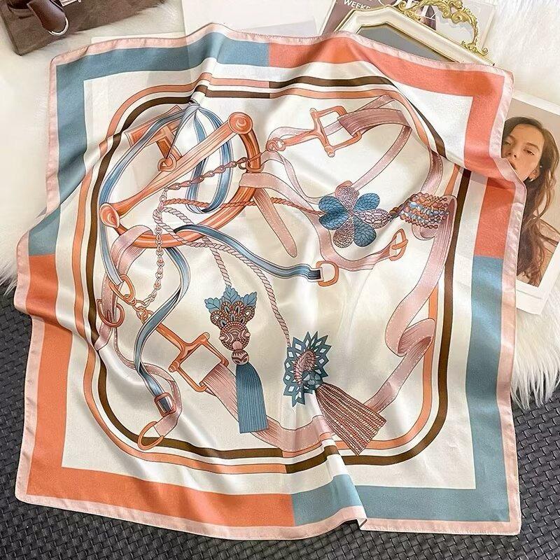 Luxury Horse Belt Print Silk Square Scarf Women Hijab Hair Bands Neckerchief Female Satin Shawl Ribbon Headband Fashion Bandana