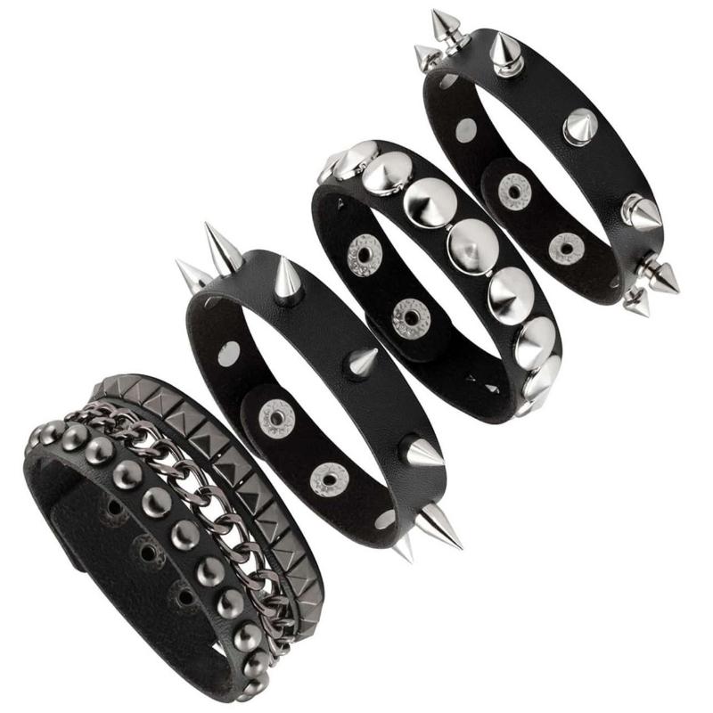 1Pc/4pcs Fashion Multi-layer Wide Leather Bracelet Punk Domineering Rivet Five-pointed Star Wrist Strap Personalized Bracelet