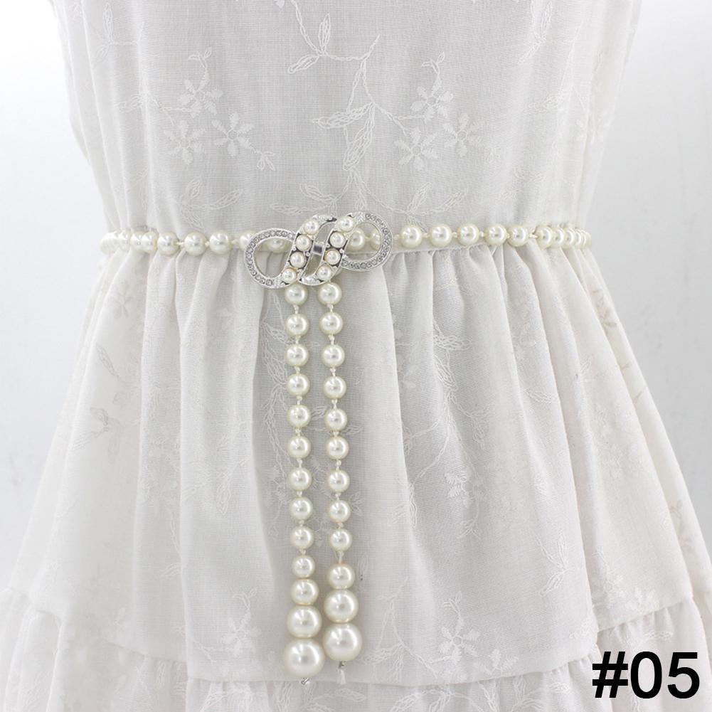 

Элегантный женский пояс с жемчугом и бантом, эластичная пряжка на талии с жемчужной цепочкой, женское платье для девочек с кристаллами 05