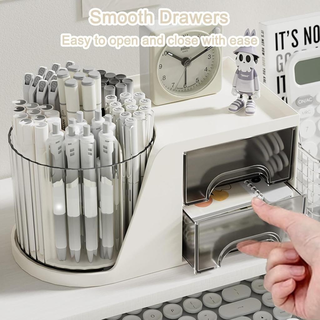SAYEEC Rotating Desk Organizer with 2 Drawer 6 Slots Multi-Functional Pencil Pen Holder Desktop Makeup Organizer Stationery Accessories Storage Box
