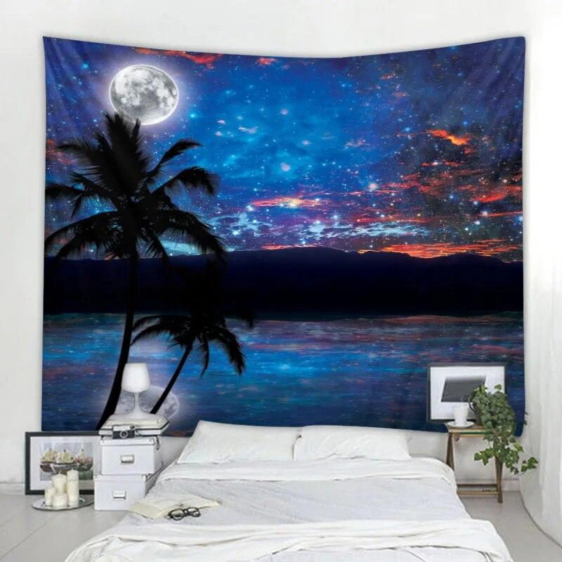 Starry Forest Tapestry Moonlight Night Psychedelic Bohemian Decoration Wall Hanging Home Room Art Background Decoration