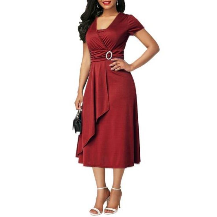 

Plus Size Party Dress V Neck Short Sleeve Asymmetric Hem Waist Tight Midi Dress M красный