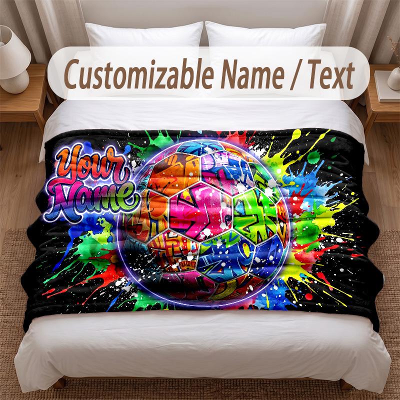 Soccer Theme Soft Blanket Personalized Custom Name Text Print Warm Blanket Home Sofa Bedroom Decor