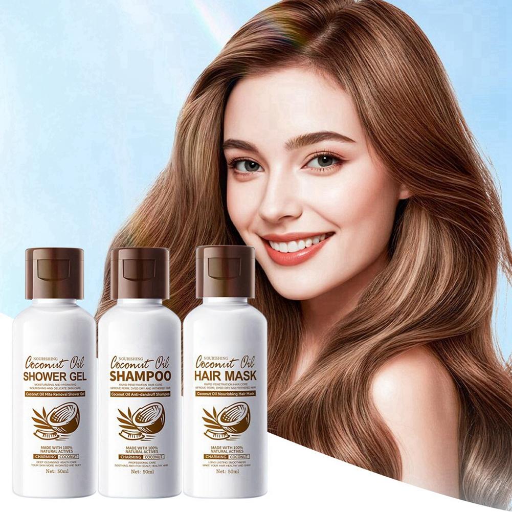 Huile de Coco Soin Cheveux Bain Voyage Ensemble 3 Pièces Shampoing/Masque Capillaire/Gel Douche