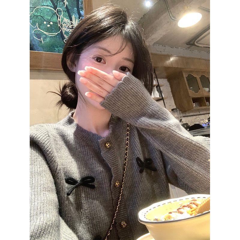 Kumikumi Sweet Style Three-Dimensional Bows Knitting Cardigan Women's Clothes Autumn Youthful-Looking Loose Gray Coat Tops