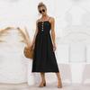 Frühling Sommer Einfarbig Langes Kleid Frauen Casual A-line Spaghetti Strap Ärmel Hight Taille Schlank Taste Süße S-XL