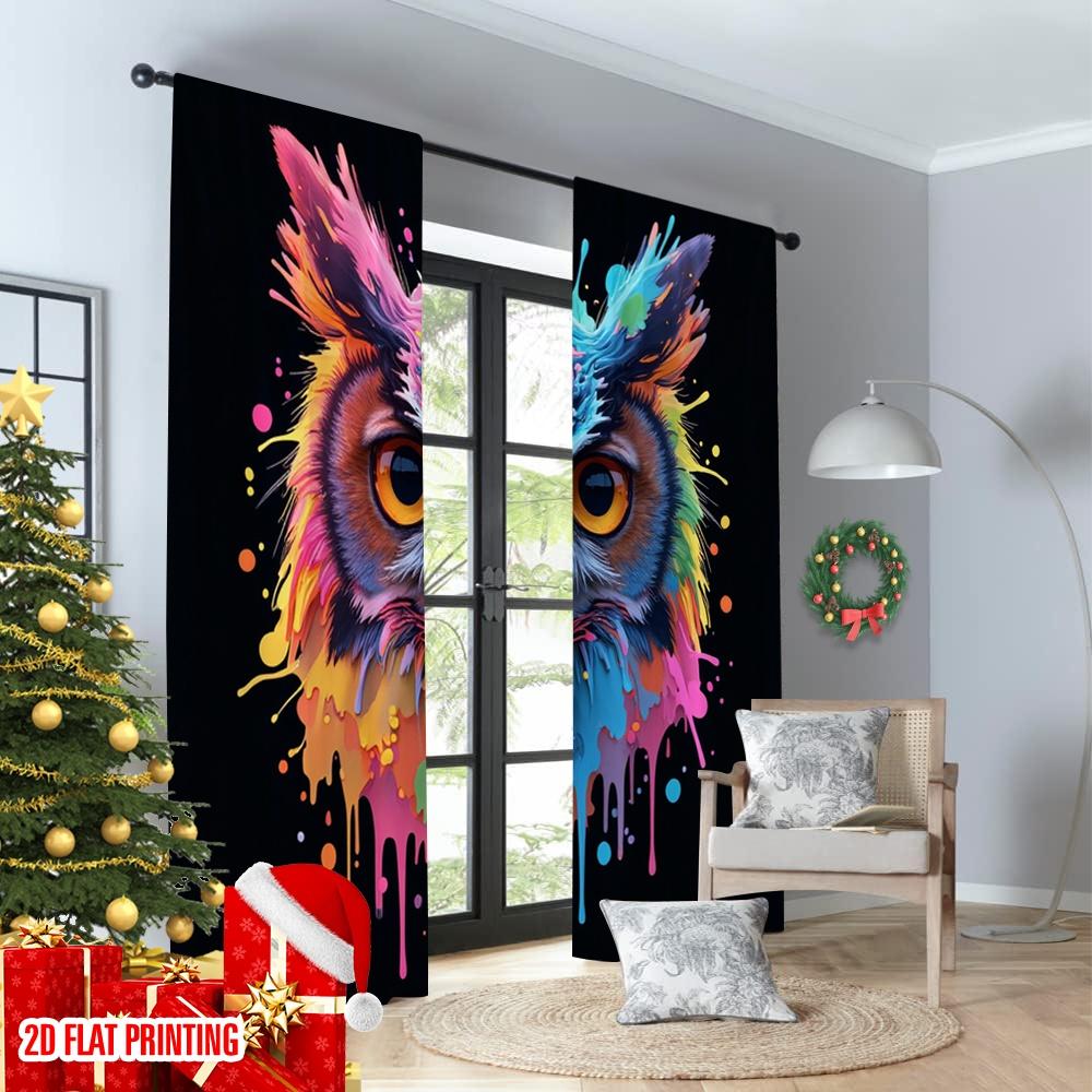 Set Of 2 Flat Printing Window Curtains Colorful Owl Paint Drip Digital Printed Polyester Drapes Family Party Decoration Made
