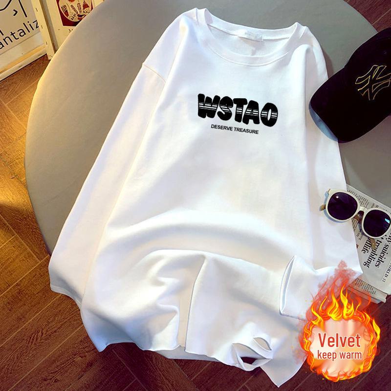 

Fleece-Lined Women s White Cotton Long Sleeve T-Shirt - Korean Style, Mid-Length for Autumn/Spring XL (110-125 jin)