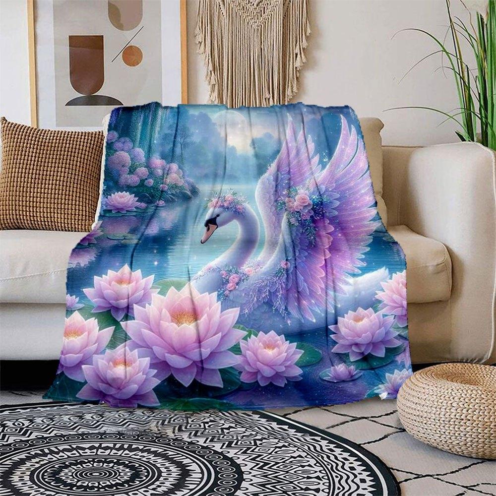 Enchanted Swan Fantasy Wall Art PrintBlanket Flannel Throw Blanket for Sofa, Bed, Travel, Camping, Office, Couch, Chair, And Bed Gift for Ch