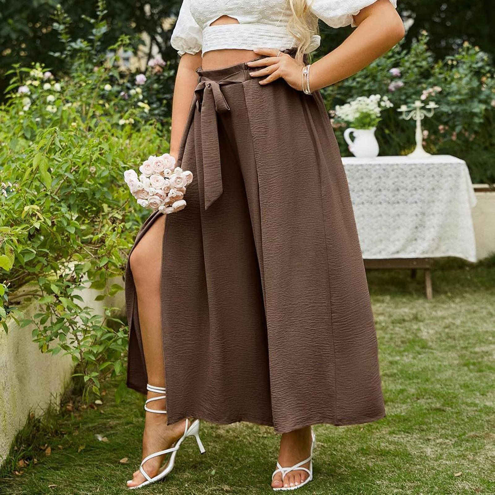 

Плиссированные брюки с широкими штанинами для женщин, с завязкой спереди, высокой талией, разрезами по бокам, струящиеся, с широкими штанинами, плиссированные, струящиеся брюки с поясом XL кофейный