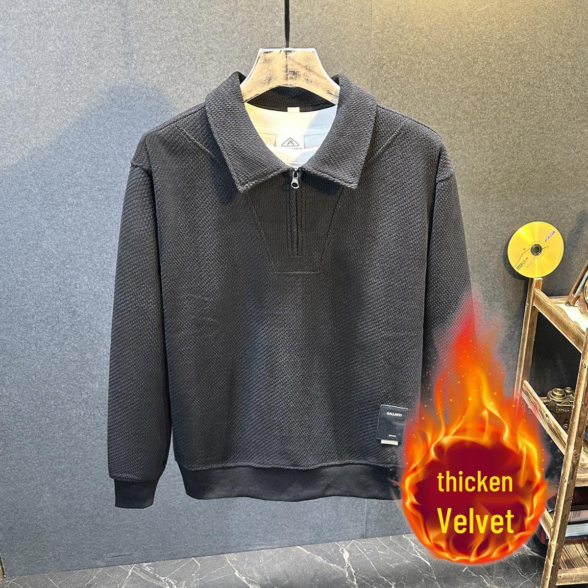 Men s European Cotton Fleece-Lined Knit Zipper Lapel Sweatshirt - Autumn/Winter, Loose Plus Size, High-End Casual Clothing L