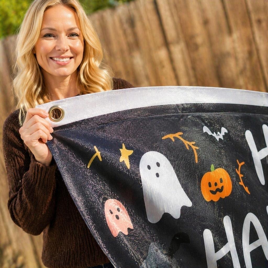 Happy Halloween Half Round Bunting Pumpkin Theme Outdoor Garden Party Decoration, 45cm/17.7 in