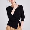 Crew Neck Front Shoulder Black Women's Spring and Autumn New Thin Irregular Split Hem Top Long Sleeve Women