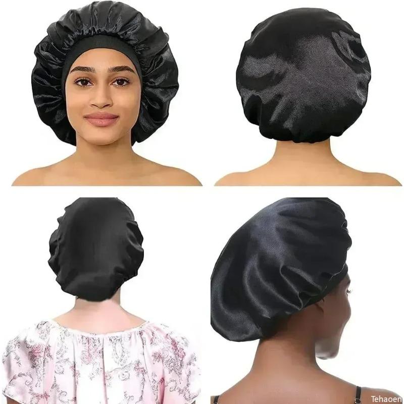 Women Night Sleep Hair Caps Silky Bonnet Satin Double Layer Adjust Head Cover Hat Shower Cap for Curly Hair Styling Accessories