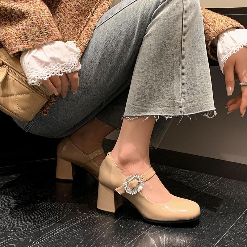 

Французские ретро черные туфли Мэри Джейн на толстом каблуке, нескользящие, со стразами, одинарные туфли, женские, весна 2025, новые универсальные туфли на высоком каблуке 40 абрикосовый