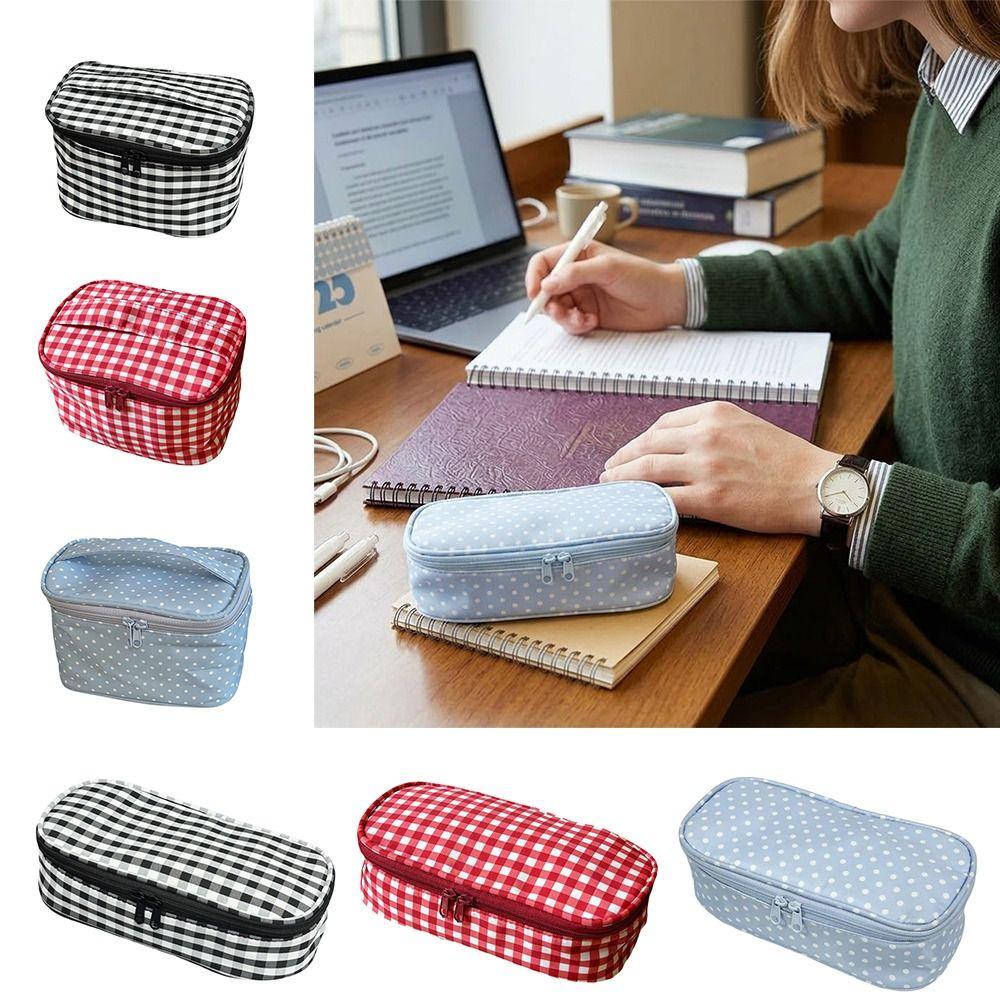 Multifunctional Plaid/Polka Dot Patterns Storage Bag Large Capacity Portable Makeup Bag Double Zipper Pencil Pouch