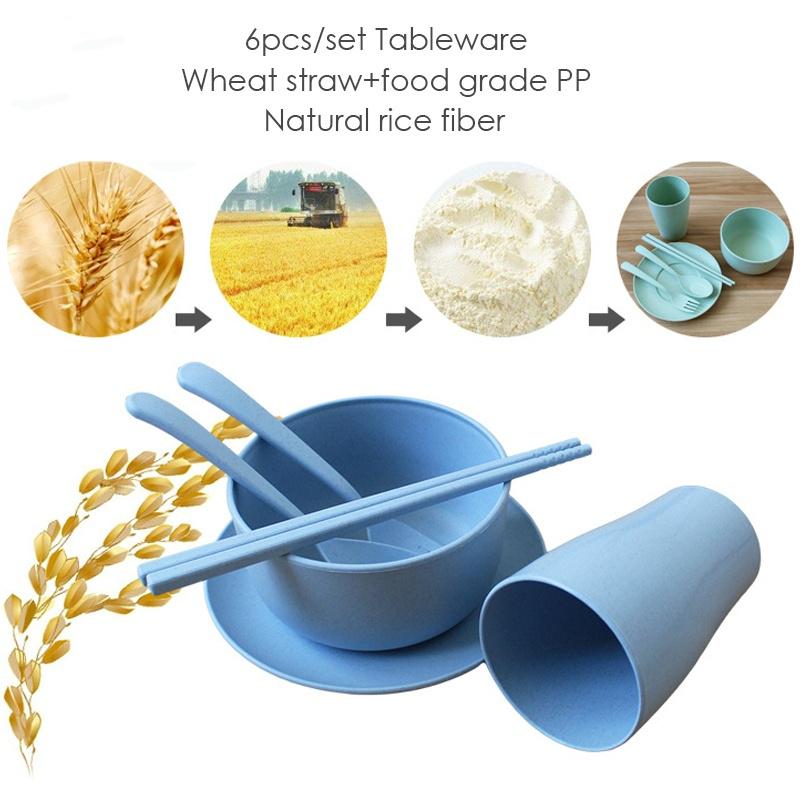 6Pcs/set Wheat Straw Baby Tableware Children Food Dishes Bowl Feeding Infant Learning Dinnerware Spo