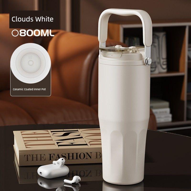 

Japanese Large-Capacity Thermos Cup with Ceramic Inner Liner, Dual Drinking Straw Coffee Cup, High Aesthetic Portable Water Cup for Men and Women Yunduo White 800ml (Ceramic Liner + Filter)#