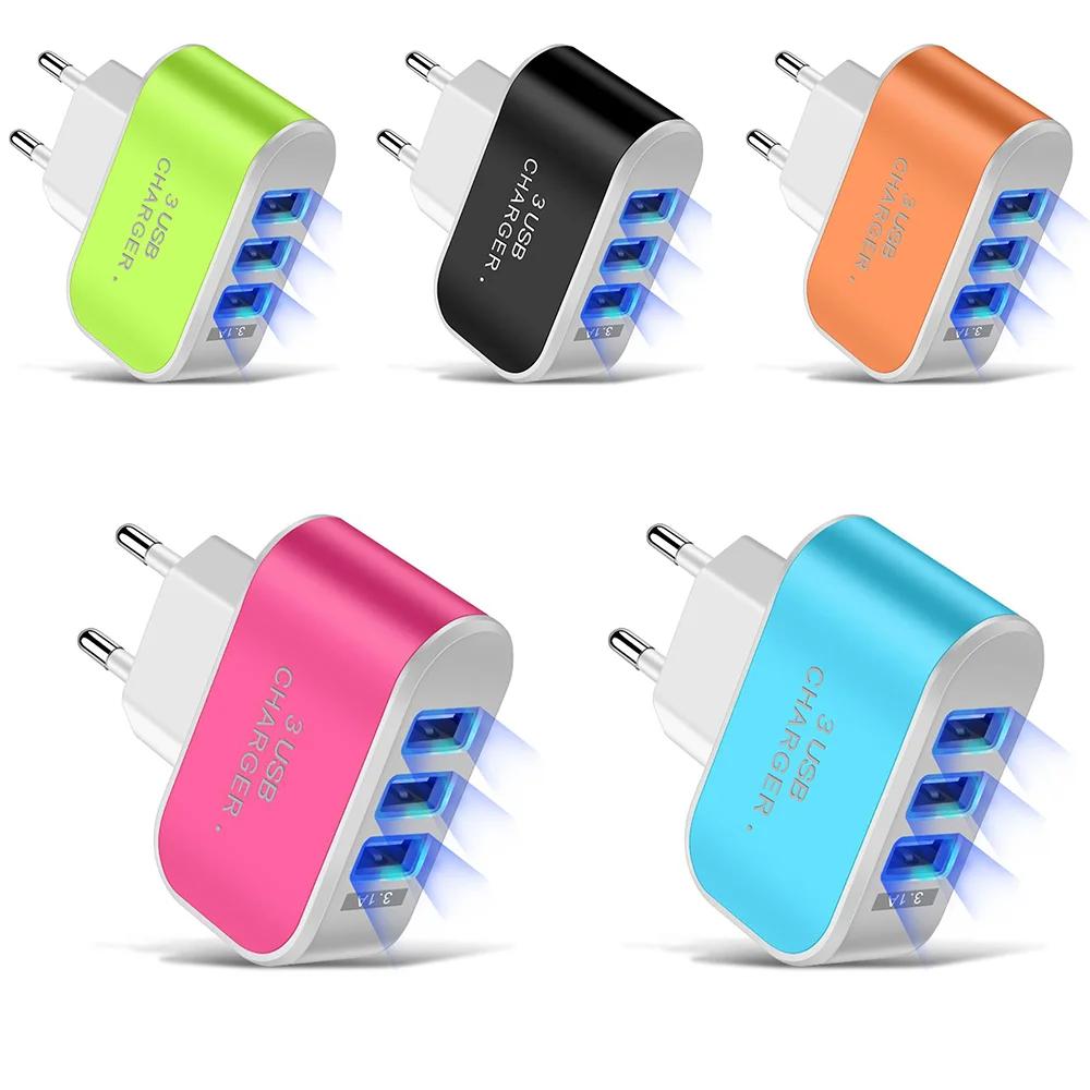Universal 3 USB Multi-Port Wall Home Charger US Plug Wall Adapter Cube Block 110-220V 5V Candy Color Travel Charger Adapter