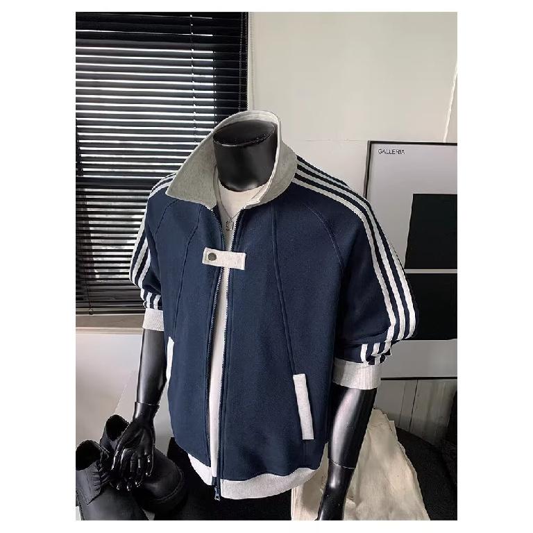 Men's Striped Varsity Jacket Color Block Zip Up Sweatshirt Couple Coat