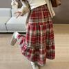 Fustă Casual Largă de Toamnă pentru Femei cu Imprimeu Carouri, Patchwork și Șireturi