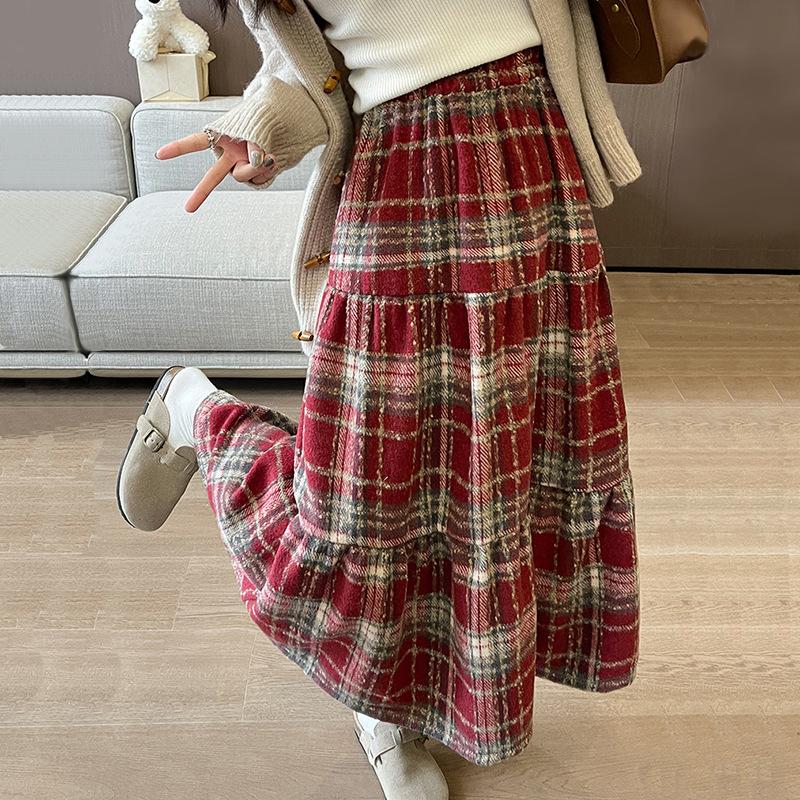 Podzimní dámská kostkovaná patchworková šněrovací volná ležérní sukně