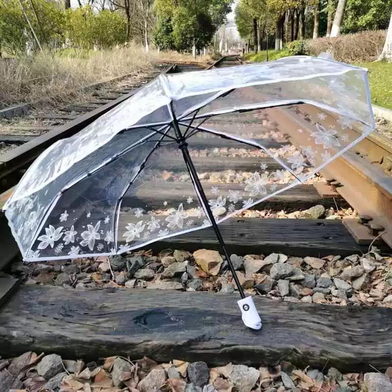 Transparenter Regenschirm für Damen, Faltbar, Sommerblumen-Stil, Weiße Göttin Internet-Berühmtheit Regenschirm, Wald-Stil Kreativer Student Automatik