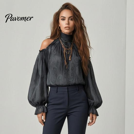 Ethnic Print Shirts Women Fall Cold Shoulder Shirt, Vintage High Casual Ruffle Top Collar Blouse, Lantern Sleeve Breathable Polyester